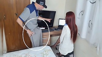 White-Skinned Housewife'S Intimate Encounter With Computer Technician In Living Room